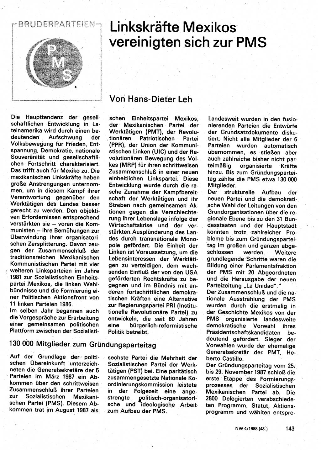 Neuer Weg (NW), Organ des Zentralkomitees (ZK) der SED (Sozialistische Einheitspartei Deutschlands) für Fragen des Parteilebens, 43. Jahrgang [Deutsche Demokratische Republik (DDR)] 1988, Seite 143 (NW ZK SED DDR 1988, S. 143)