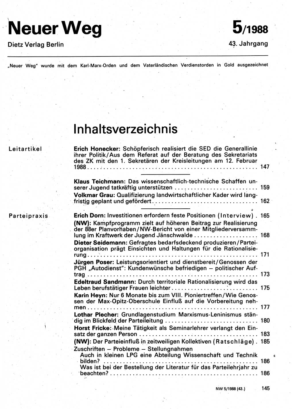 Neuer Weg (NW), Organ des Zentralkomitees (ZK) der SED (Sozialistische Einheitspartei Deutschlands) für Fragen des Parteilebens, 43. Jahrgang [Deutsche Demokratische Republik (DDR)] 1988, Seite 145 (NW ZK SED DDR 1988, S. 145)