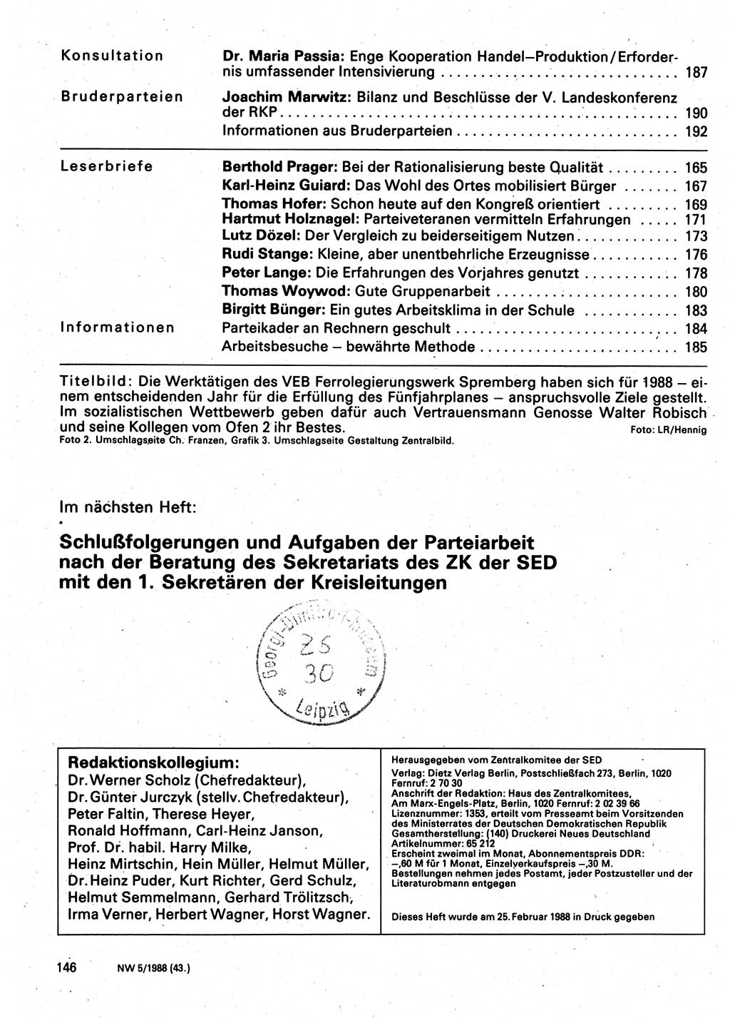 Neuer Weg (NW), Organ des Zentralkomitees (ZK) der SED (Sozialistische Einheitspartei Deutschlands) für Fragen des Parteilebens, 43. Jahrgang [Deutsche Demokratische Republik (DDR)] 1988, Seite 146 (NW ZK SED DDR 1988, S. 146)