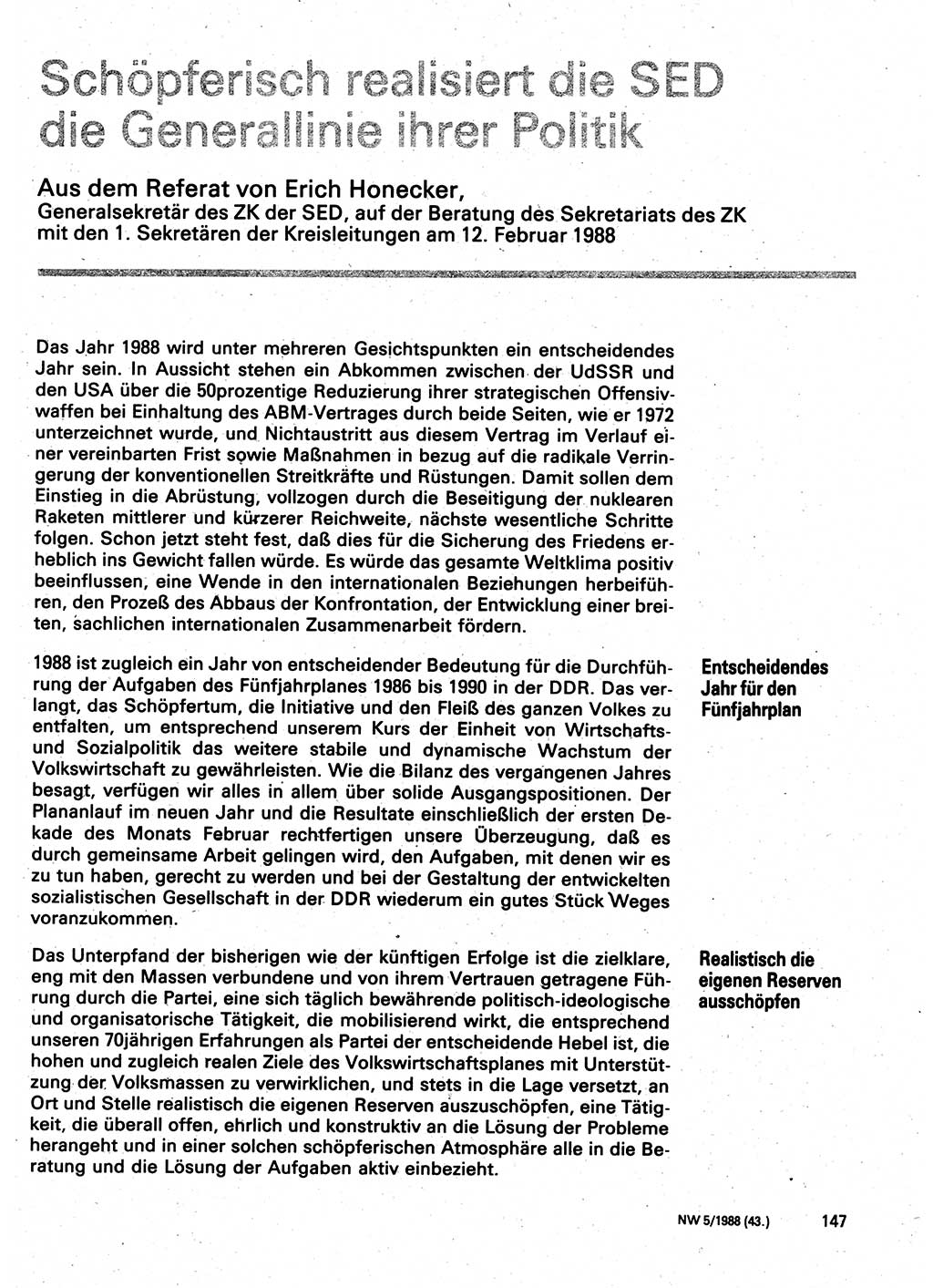 Neuer Weg (NW), Organ des Zentralkomitees (ZK) der SED (Sozialistische Einheitspartei Deutschlands) für Fragen des Parteilebens, 43. Jahrgang [Deutsche Demokratische Republik (DDR)] 1988, Seite 147 (NW ZK SED DDR 1988, S. 147)