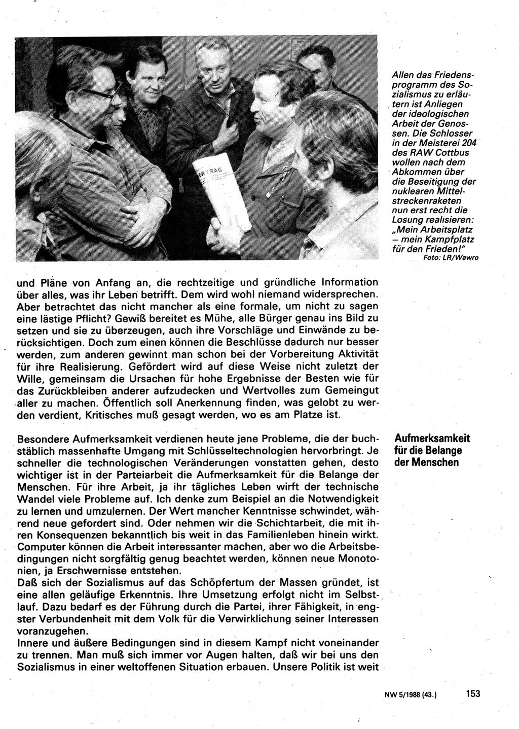 Neuer Weg (NW), Organ des Zentralkomitees (ZK) der SED (Sozialistische Einheitspartei Deutschlands) für Fragen des Parteilebens, 43. Jahrgang [Deutsche Demokratische Republik (DDR)] 1988, Seite 153 (NW ZK SED DDR 1988, S. 153)