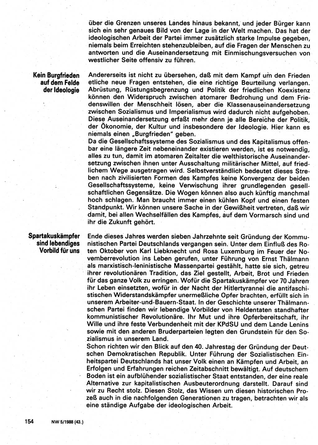 Neuer Weg (NW), Organ des Zentralkomitees (ZK) der SED (Sozialistische Einheitspartei Deutschlands) für Fragen des Parteilebens, 43. Jahrgang [Deutsche Demokratische Republik (DDR)] 1988, Seite 154 (NW ZK SED DDR 1988, S. 154)