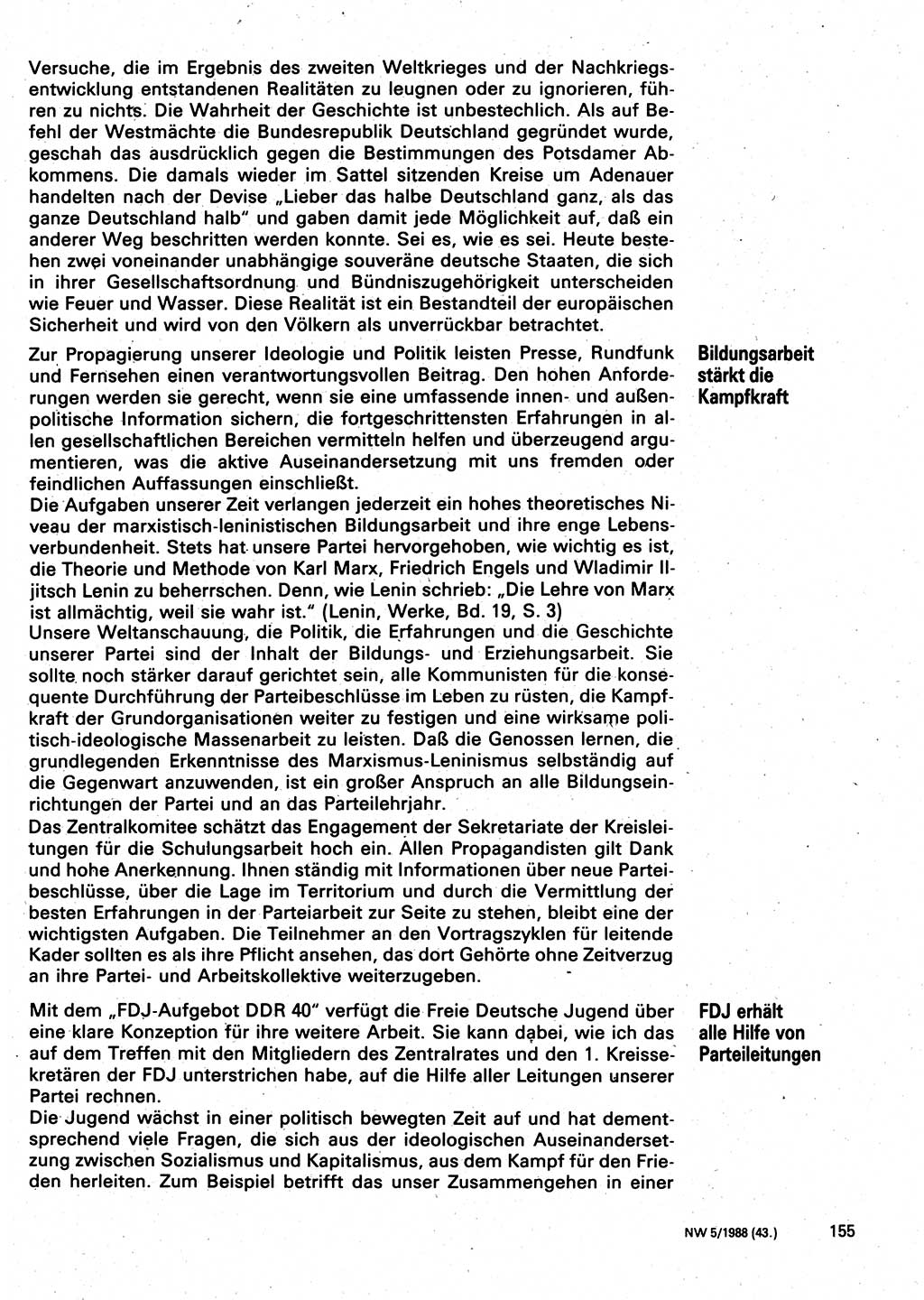 Neuer Weg (NW), Organ des Zentralkomitees (ZK) der SED (Sozialistische Einheitspartei Deutschlands) für Fragen des Parteilebens, 43. Jahrgang [Deutsche Demokratische Republik (DDR)] 1988, Seite 155 (NW ZK SED DDR 1988, S. 155)