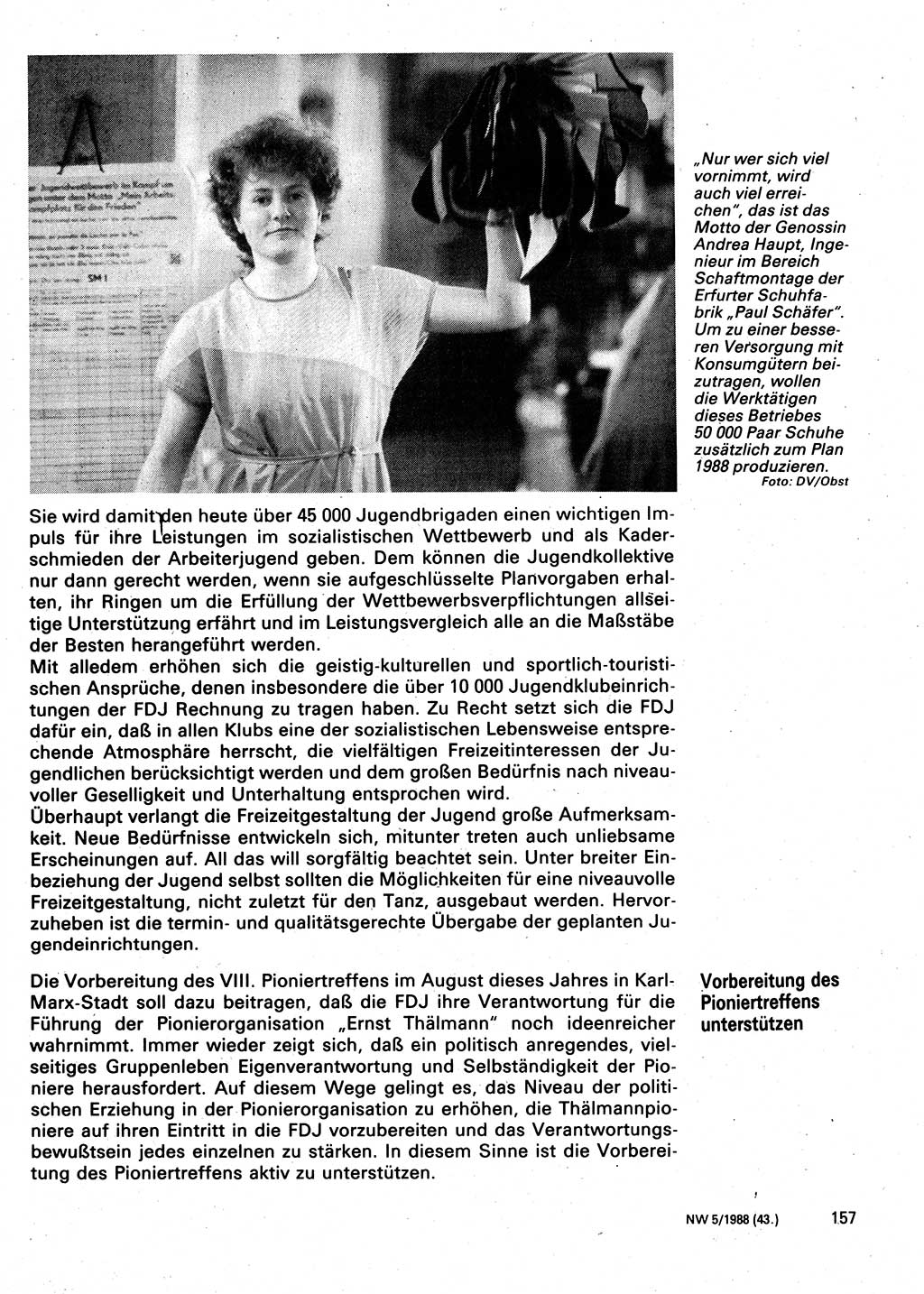 Neuer Weg (NW), Organ des Zentralkomitees (ZK) der SED (Sozialistische Einheitspartei Deutschlands) für Fragen des Parteilebens, 43. Jahrgang [Deutsche Demokratische Republik (DDR)] 1988, Seite 157 (NW ZK SED DDR 1988, S. 157)