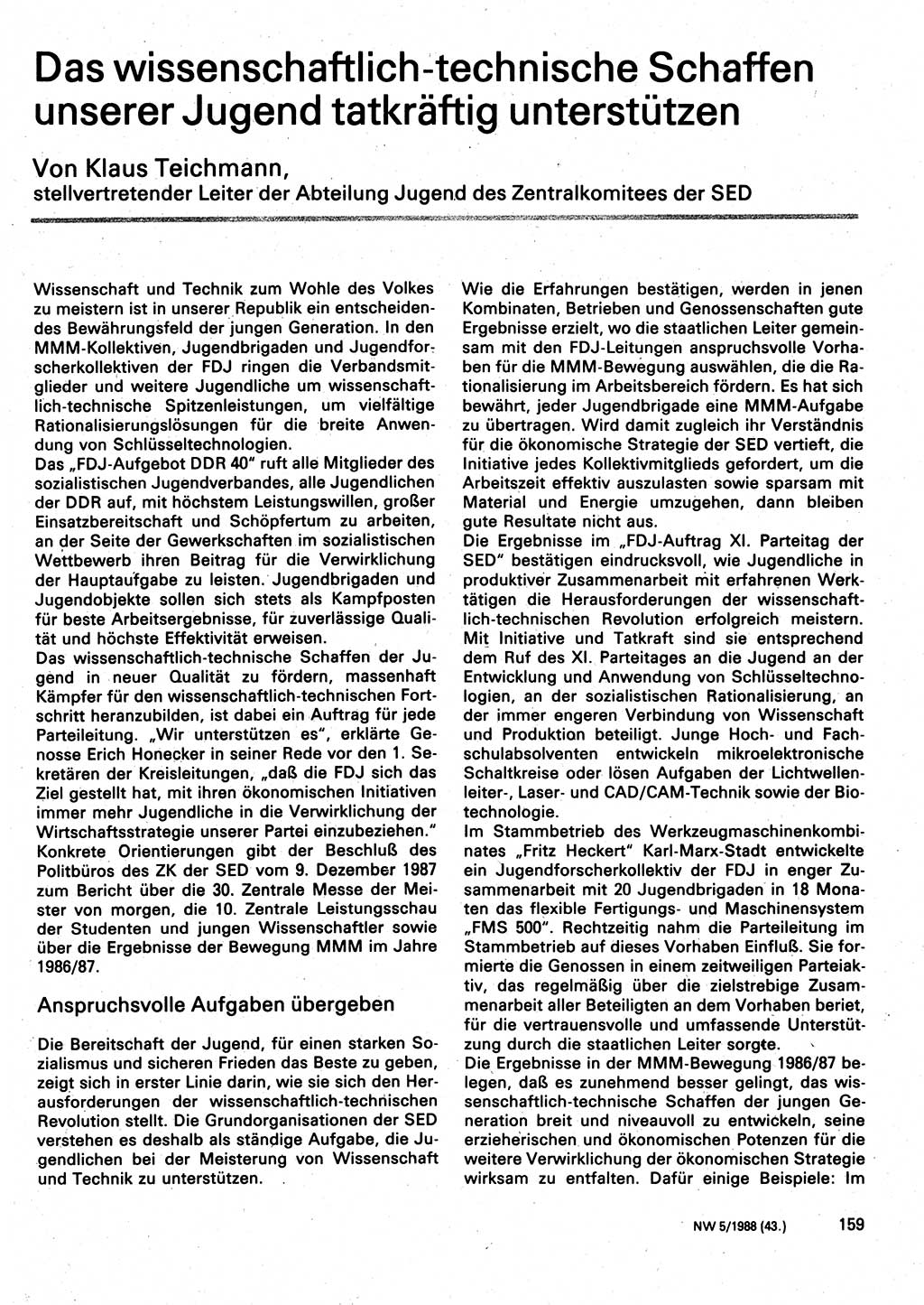 Neuer Weg (NW), Organ des Zentralkomitees (ZK) der SED (Sozialistische Einheitspartei Deutschlands) für Fragen des Parteilebens, 43. Jahrgang [Deutsche Demokratische Republik (DDR)] 1988, Seite 159 (NW ZK SED DDR 1988, S. 159)