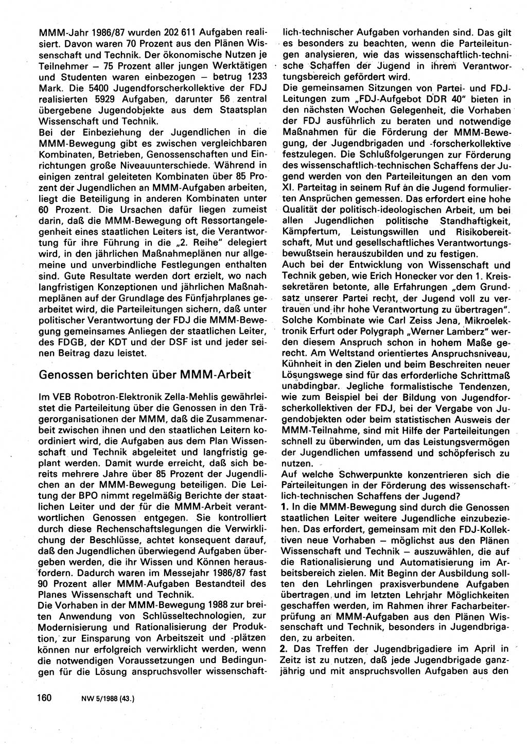 Neuer Weg (NW), Organ des Zentralkomitees (ZK) der SED (Sozialistische Einheitspartei Deutschlands) für Fragen des Parteilebens, 43. Jahrgang [Deutsche Demokratische Republik (DDR)] 1988, Seite 160 (NW ZK SED DDR 1988, S. 160)