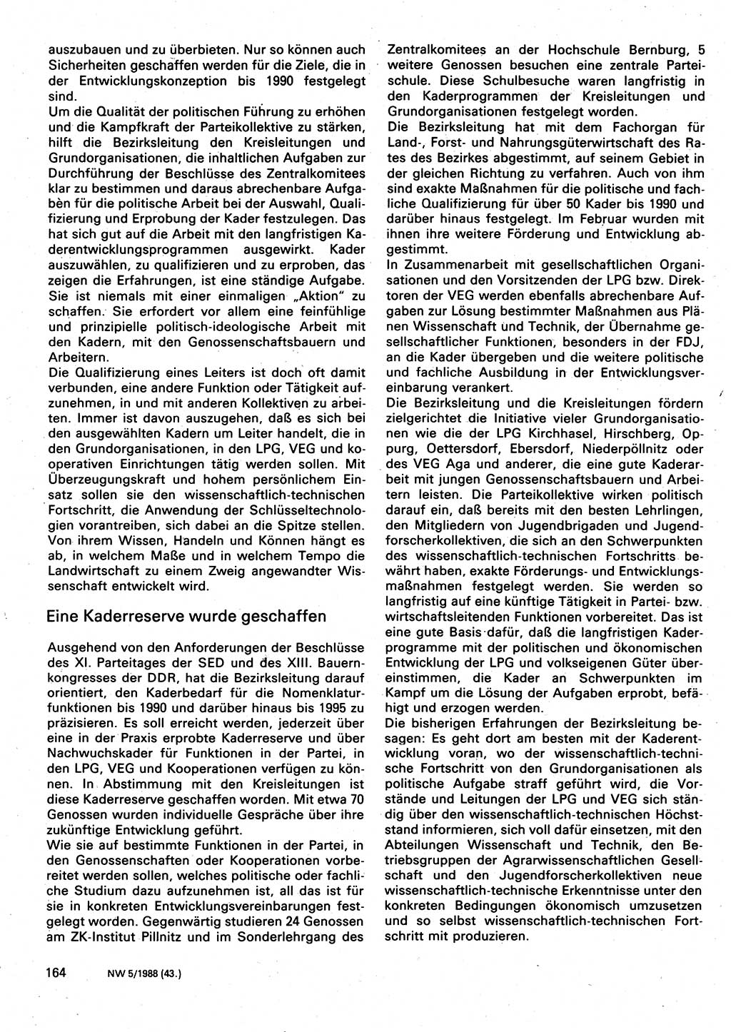 Neuer Weg (NW), Organ des Zentralkomitees (ZK) der SED (Sozialistische Einheitspartei Deutschlands) für Fragen des Parteilebens, 43. Jahrgang [Deutsche Demokratische Republik (DDR)] 1988, Seite 164 (NW ZK SED DDR 1988, S. 164)