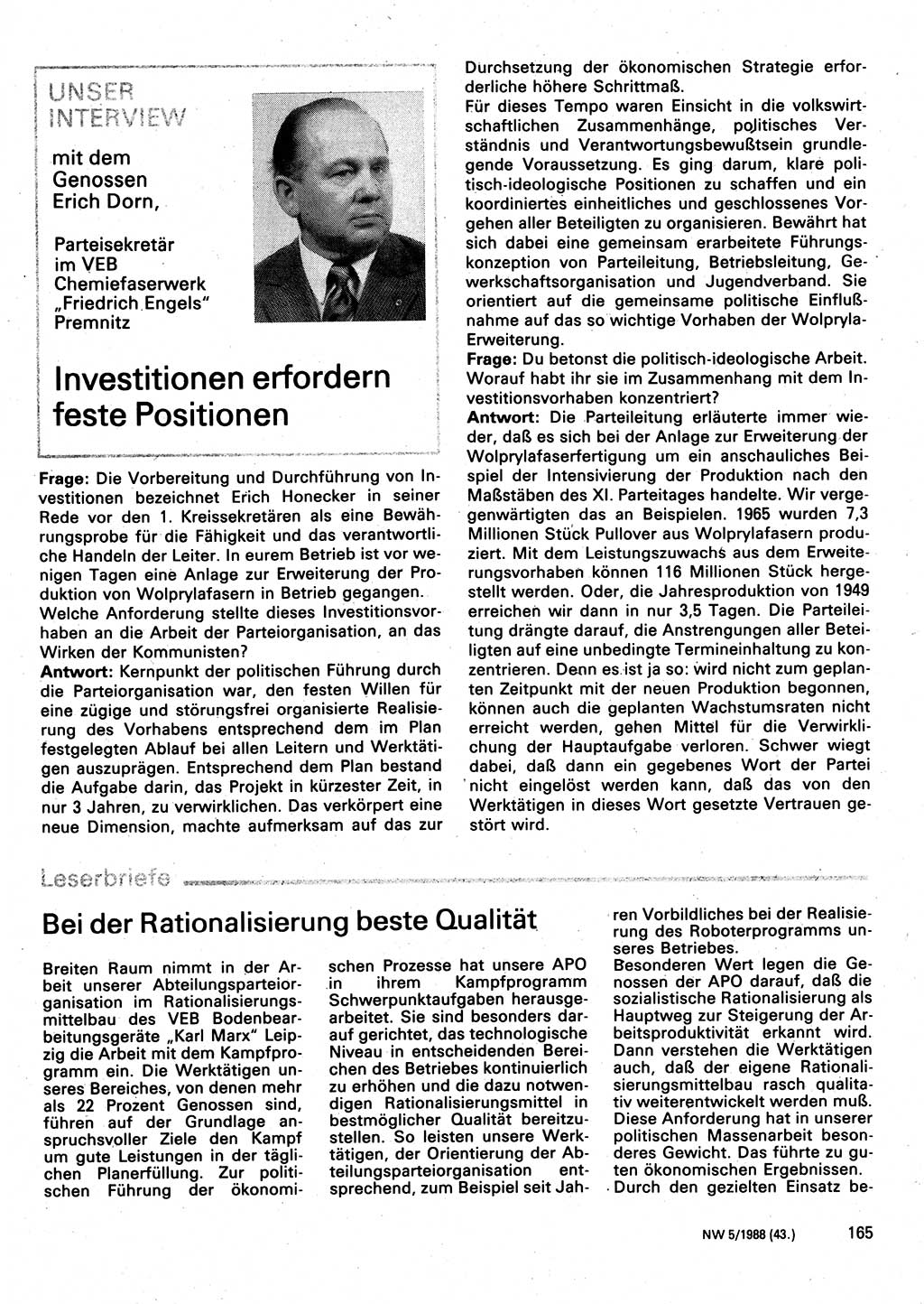 Neuer Weg (NW), Organ des Zentralkomitees (ZK) der SED (Sozialistische Einheitspartei Deutschlands) für Fragen des Parteilebens, 43. Jahrgang [Deutsche Demokratische Republik (DDR)] 1988, Seite 165 (NW ZK SED DDR 1988, S. 165)