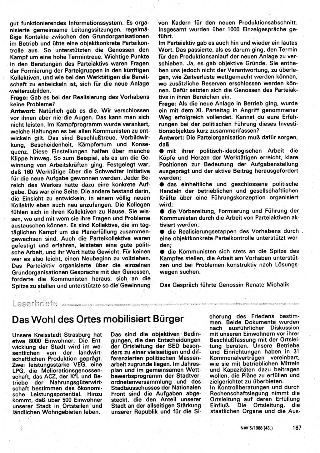 Neuer Weg (NW), Organ des Zentralkomitees (ZK) der SED (Sozialistische Einheitspartei Deutschlands) für Fragen des Parteilebens, 43. Jahrgang [Deutsche Demokratische Republik (DDR)] 1988, Seite 167 (NW ZK SED DDR 1988, S. 167)