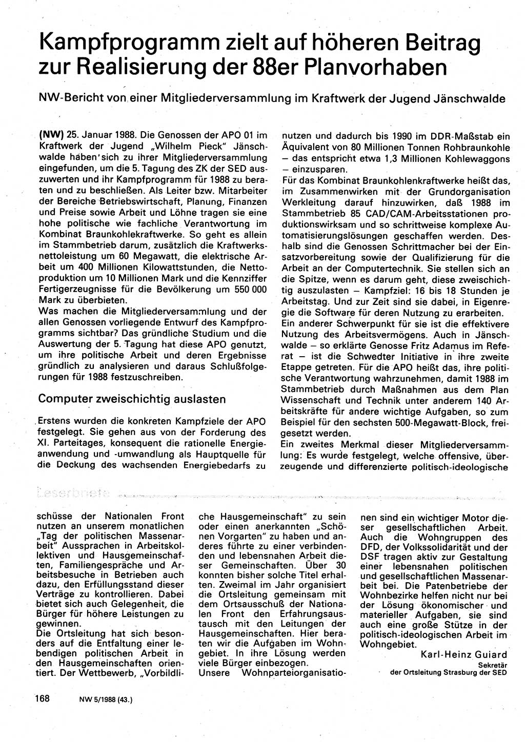 Neuer Weg (NW), Organ des Zentralkomitees (ZK) der SED (Sozialistische Einheitspartei Deutschlands) für Fragen des Parteilebens, 43. Jahrgang [Deutsche Demokratische Republik (DDR)] 1988, Seite 168 (NW ZK SED DDR 1988, S. 168)