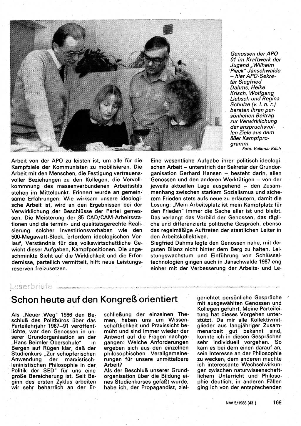 Neuer Weg (NW), Organ des Zentralkomitees (ZK) der SED (Sozialistische Einheitspartei Deutschlands) für Fragen des Parteilebens, 43. Jahrgang [Deutsche Demokratische Republik (DDR)] 1988, Seite 169 (NW ZK SED DDR 1988, S. 169)