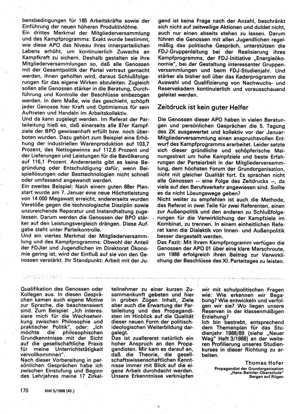 Neuer Weg (NW), Organ des Zentralkomitees (ZK) der SED (Sozialistische Einheitspartei Deutschlands) für Fragen des Parteilebens, 43. Jahrgang [Deutsche Demokratische Republik (DDR)] 1988, Seite 170 (NW ZK SED DDR 1988, S. 170)