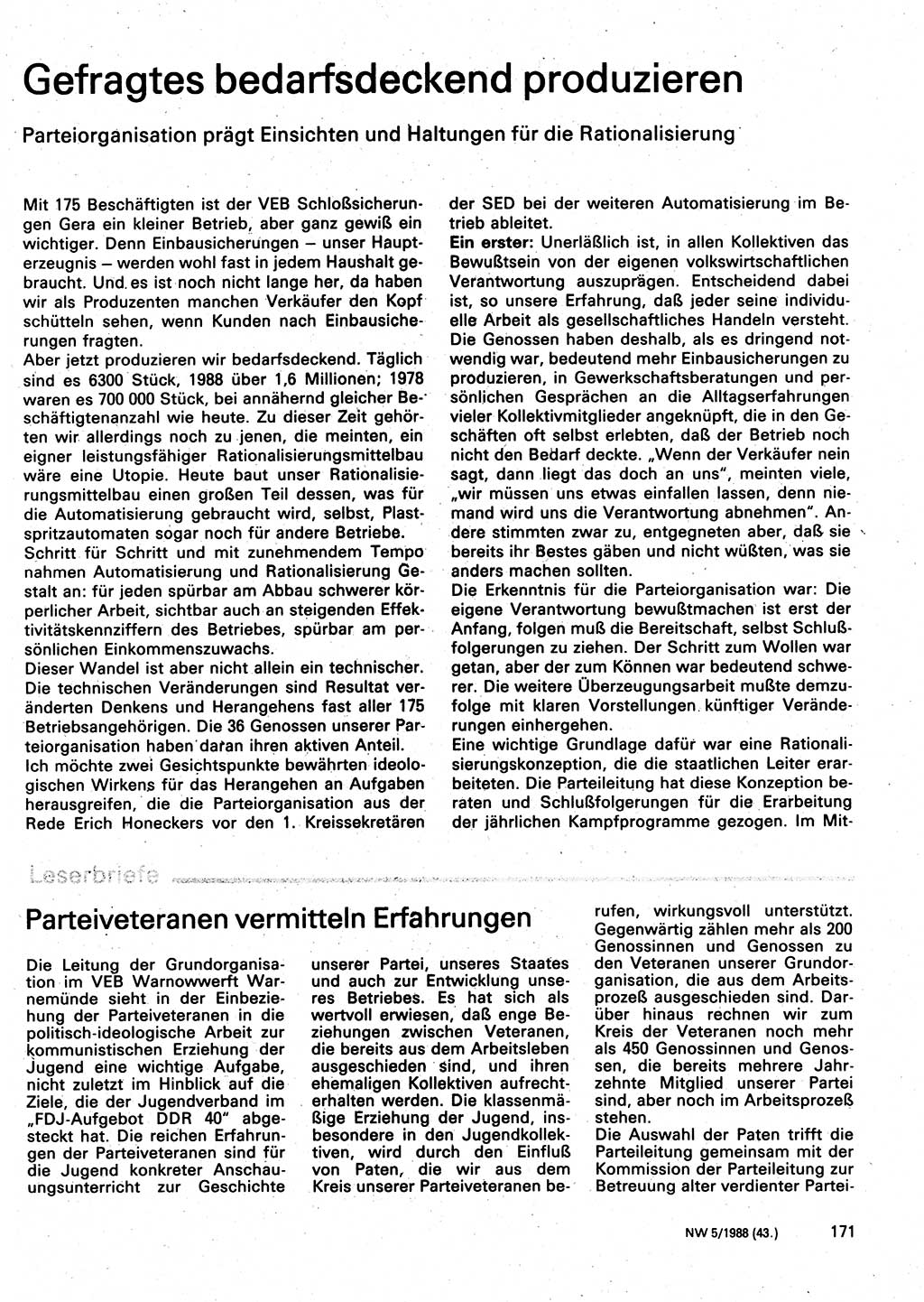 Neuer Weg (NW), Organ des Zentralkomitees (ZK) der SED (Sozialistische Einheitspartei Deutschlands) für Fragen des Parteilebens, 43. Jahrgang [Deutsche Demokratische Republik (DDR)] 1988, Seite 171 (NW ZK SED DDR 1988, S. 171)