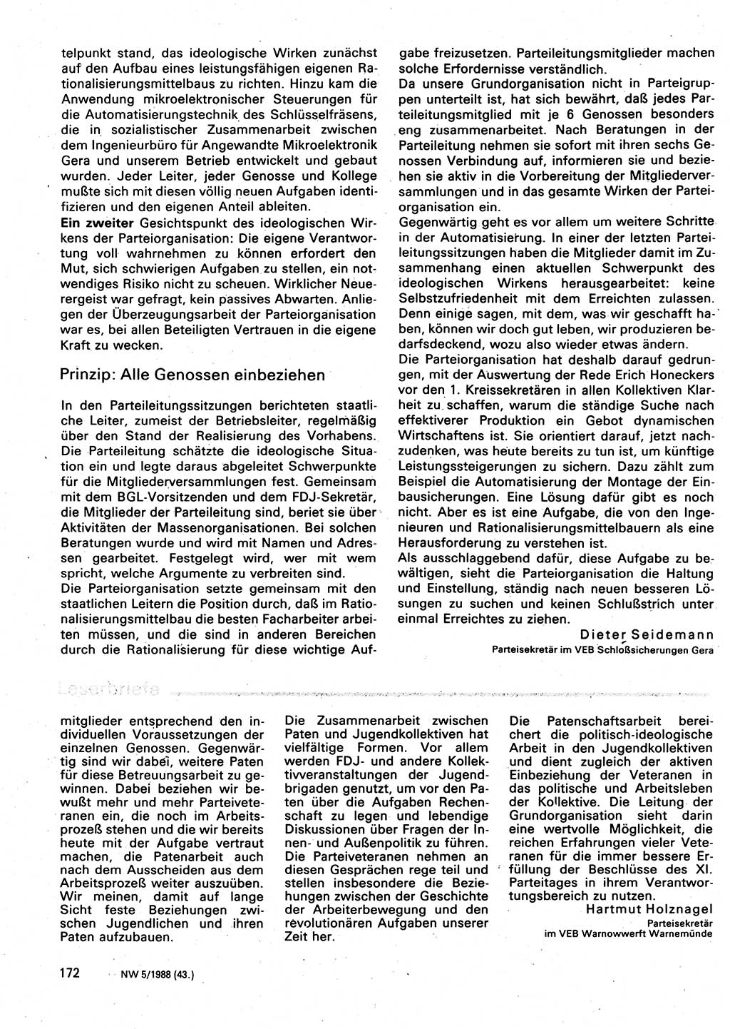 Neuer Weg (NW), Organ des Zentralkomitees (ZK) der SED (Sozialistische Einheitspartei Deutschlands) für Fragen des Parteilebens, 43. Jahrgang [Deutsche Demokratische Republik (DDR)] 1988, Seite 172 (NW ZK SED DDR 1988, S. 172)