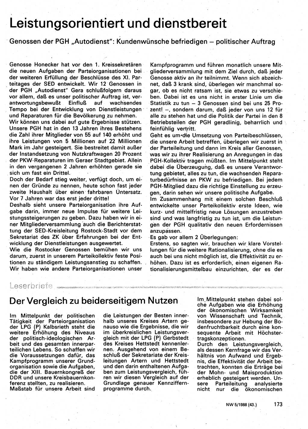 Neuer Weg (NW), Organ des Zentralkomitees (ZK) der SED (Sozialistische Einheitspartei Deutschlands) für Fragen des Parteilebens, 43. Jahrgang [Deutsche Demokratische Republik (DDR)] 1988, Seite 173 (NW ZK SED DDR 1988, S. 173)