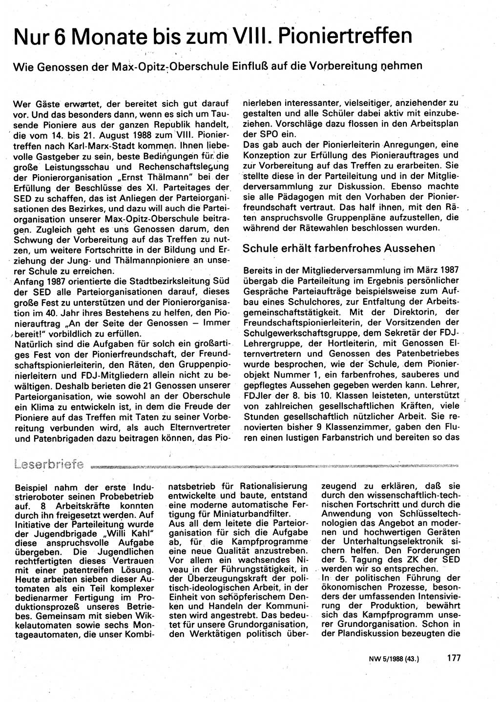 Neuer Weg (NW), Organ des Zentralkomitees (ZK) der SED (Sozialistische Einheitspartei Deutschlands) für Fragen des Parteilebens, 43. Jahrgang [Deutsche Demokratische Republik (DDR)] 1988, Seite 177 (NW ZK SED DDR 1988, S. 177)