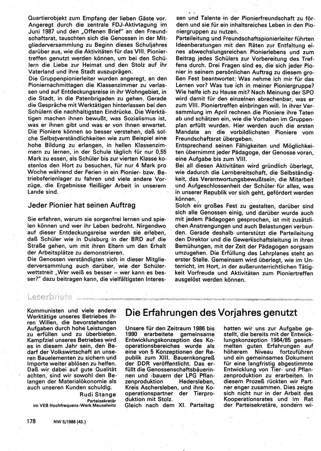 Neuer Weg (NW), Organ des Zentralkomitees (ZK) der SED (Sozialistische Einheitspartei Deutschlands) für Fragen des Parteilebens, 43. Jahrgang [Deutsche Demokratische Republik (DDR)] 1988, Seite 178 (NW ZK SED DDR 1988, S. 178)