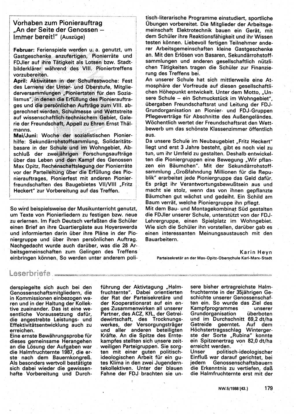 Neuer Weg (NW), Organ des Zentralkomitees (ZK) der SED (Sozialistische Einheitspartei Deutschlands) für Fragen des Parteilebens, 43. Jahrgang [Deutsche Demokratische Republik (DDR)] 1988, Seite 179 (NW ZK SED DDR 1988, S. 179)