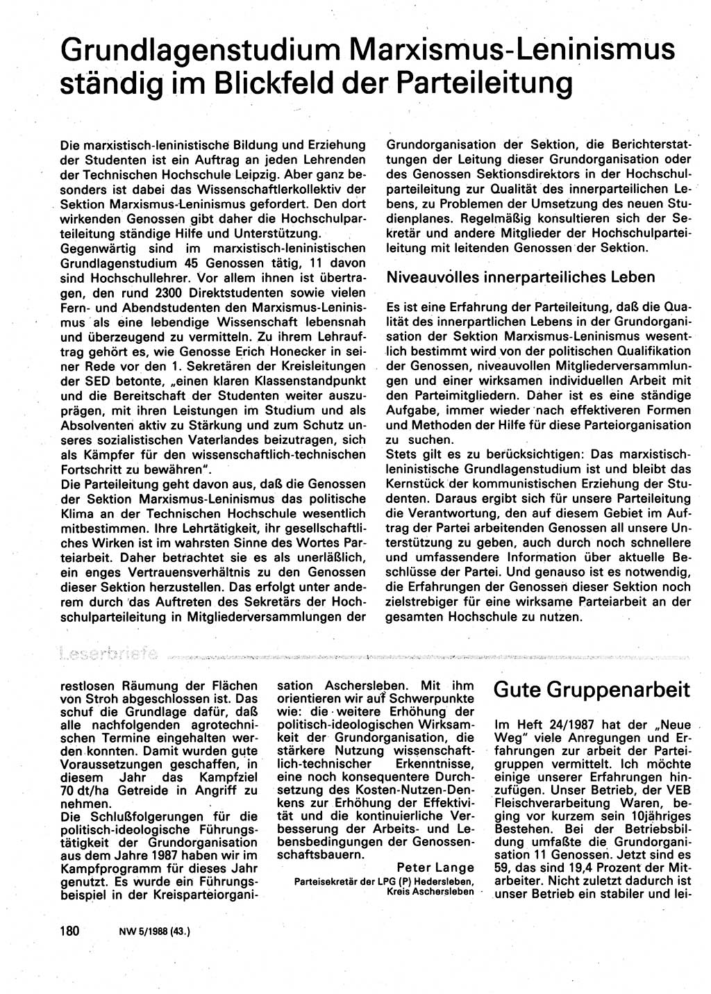 Neuer Weg (NW), Organ des Zentralkomitees (ZK) der SED (Sozialistische Einheitspartei Deutschlands) für Fragen des Parteilebens, 43. Jahrgang [Deutsche Demokratische Republik (DDR)] 1988, Seite 180 (NW ZK SED DDR 1988, S. 180)