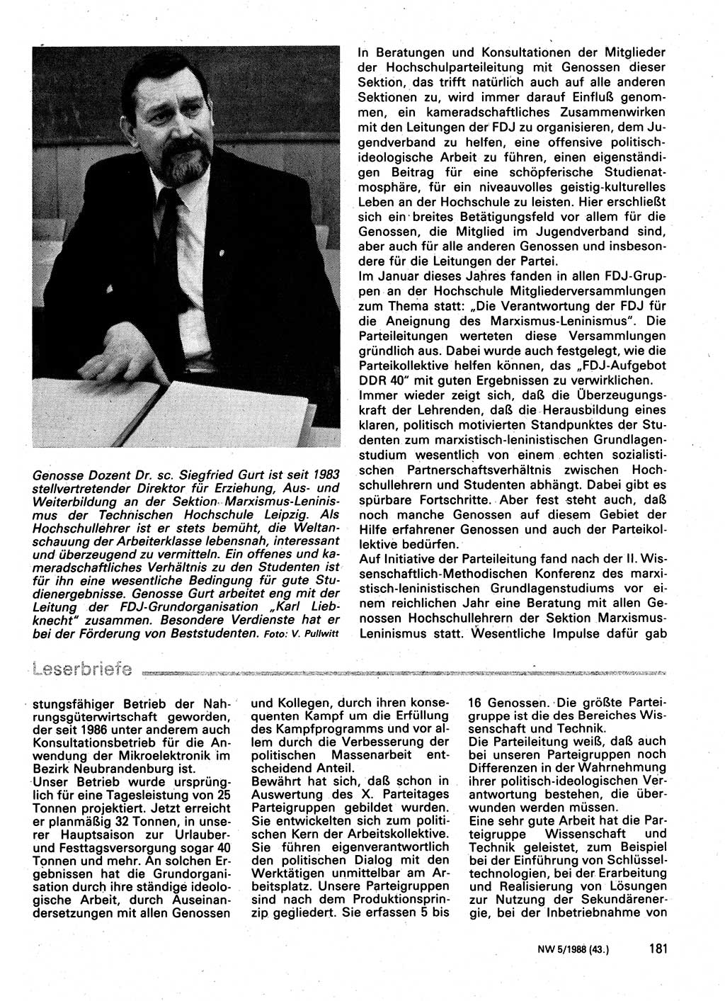 Neuer Weg (NW), Organ des Zentralkomitees (ZK) der SED (Sozialistische Einheitspartei Deutschlands) für Fragen des Parteilebens, 43. Jahrgang [Deutsche Demokratische Republik (DDR)] 1988, Seite 181 (NW ZK SED DDR 1988, S. 181)