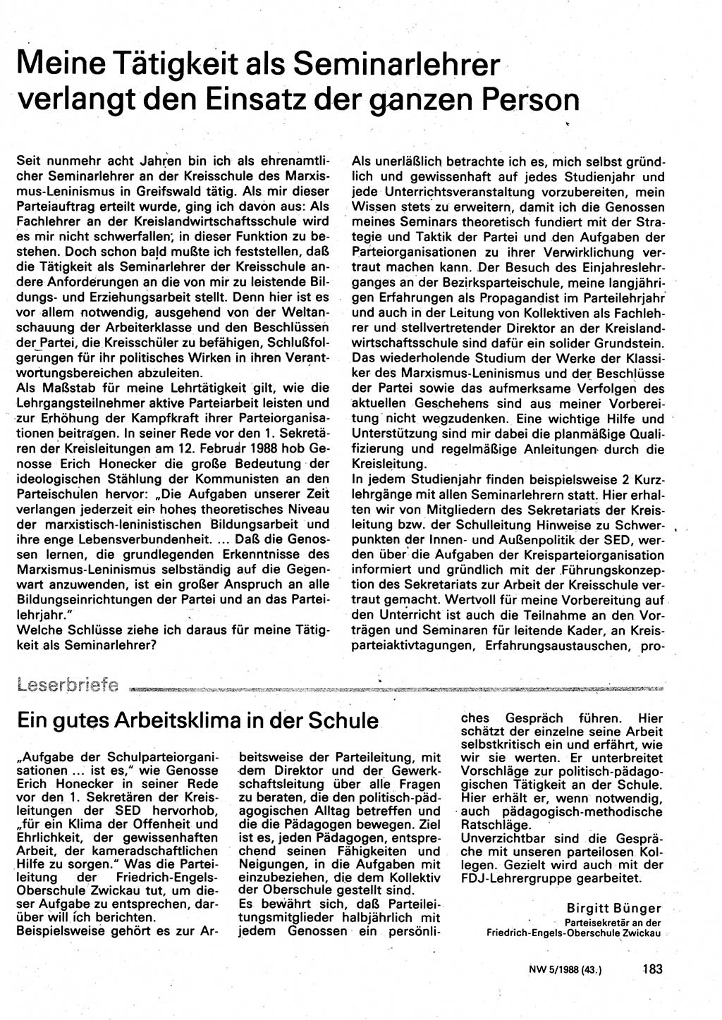 Neuer Weg (NW), Organ des Zentralkomitees (ZK) der SED (Sozialistische Einheitspartei Deutschlands) für Fragen des Parteilebens, 43. Jahrgang [Deutsche Demokratische Republik (DDR)] 1988, Seite 183 (NW ZK SED DDR 1988, S. 183)
