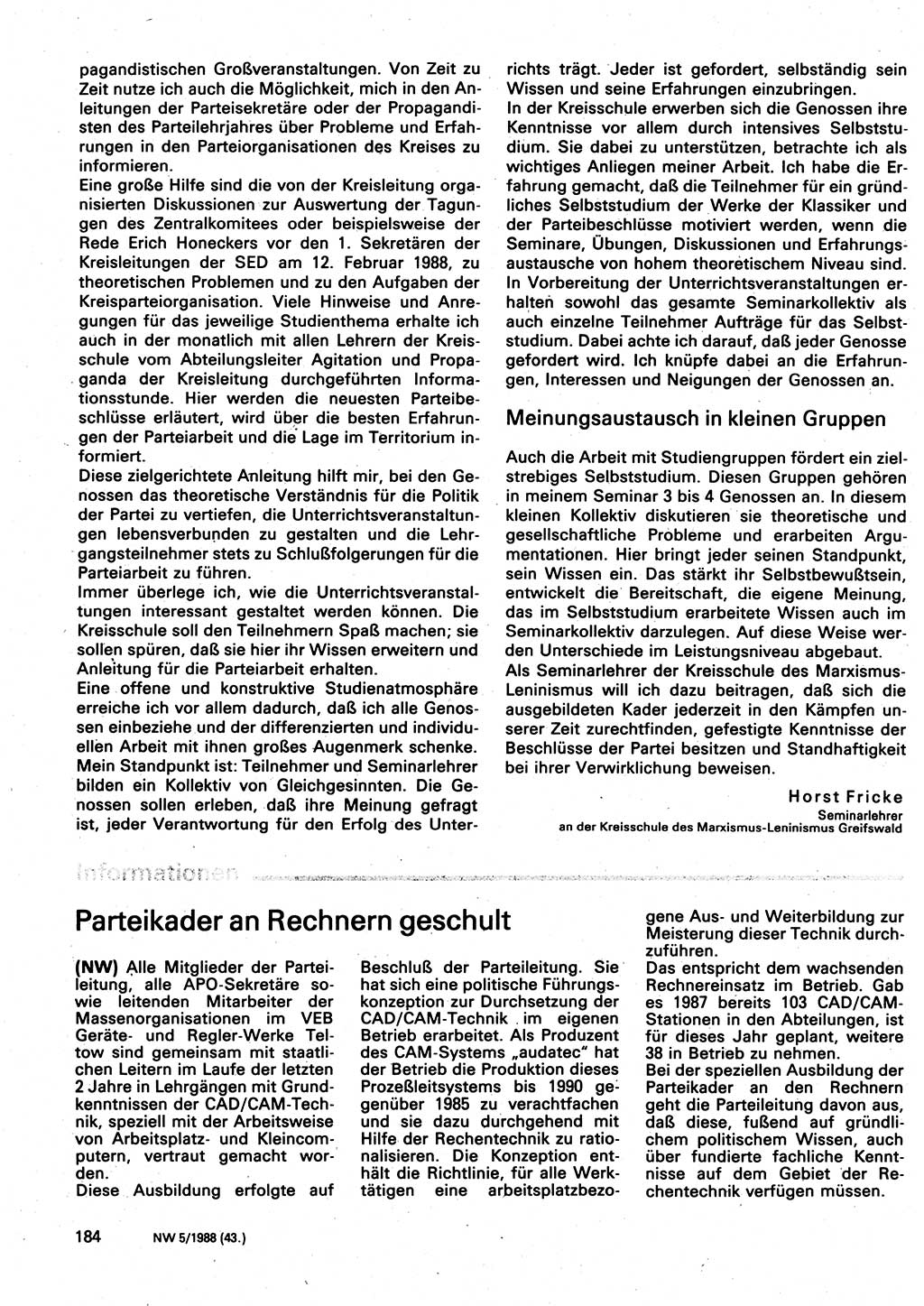 Neuer Weg (NW), Organ des Zentralkomitees (ZK) der SED (Sozialistische Einheitspartei Deutschlands) für Fragen des Parteilebens, 43. Jahrgang [Deutsche Demokratische Republik (DDR)] 1988, Seite 184 (NW ZK SED DDR 1988, S. 184)
