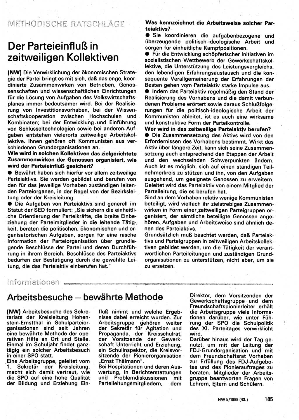 Neuer Weg (NW), Organ des Zentralkomitees (ZK) der SED (Sozialistische Einheitspartei Deutschlands) für Fragen des Parteilebens, 43. Jahrgang [Deutsche Demokratische Republik (DDR)] 1988, Seite 185 (NW ZK SED DDR 1988, S. 185)