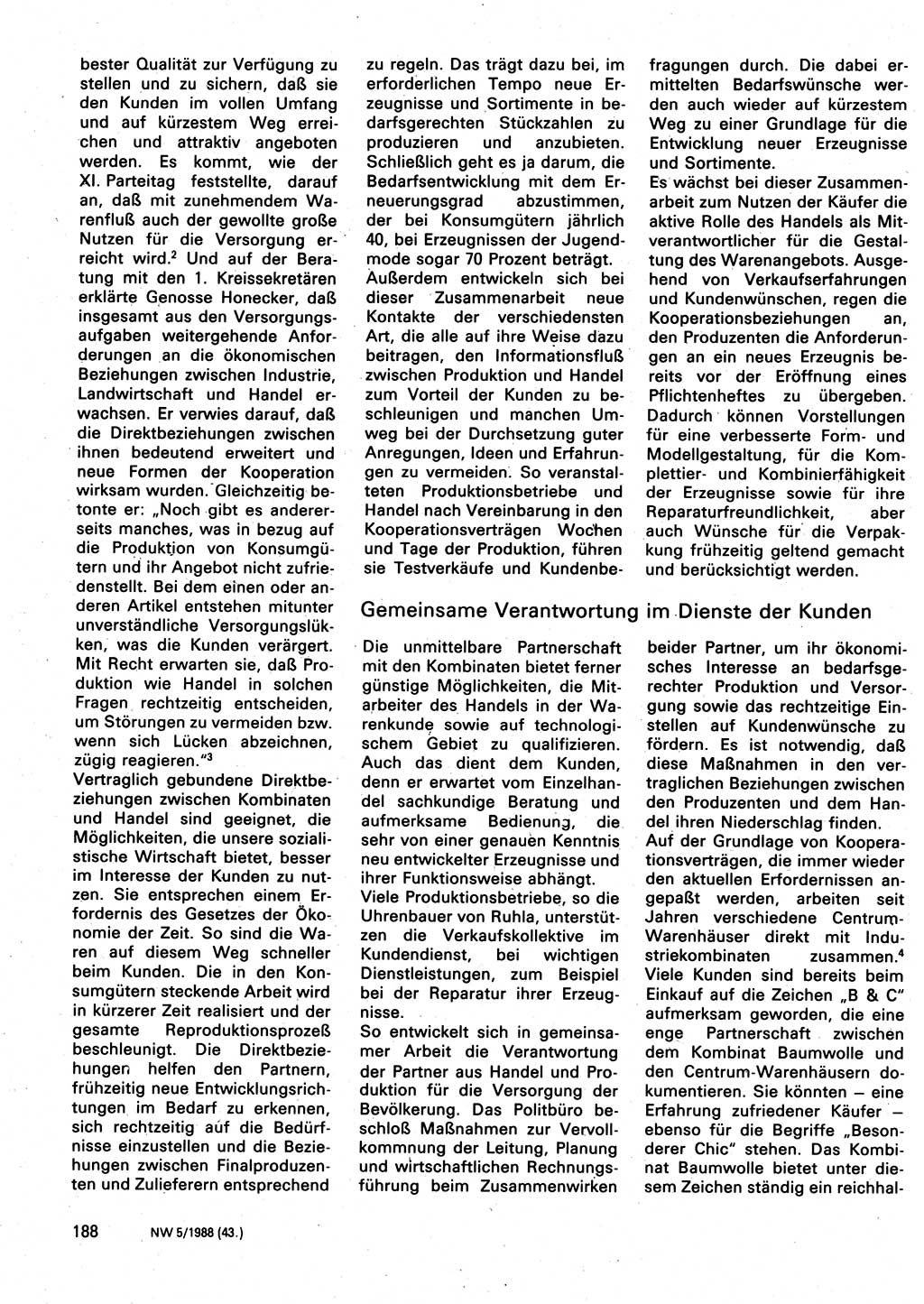 Neuer Weg (NW), Organ des Zentralkomitees (ZK) der SED (Sozialistische Einheitspartei Deutschlands) für Fragen des Parteilebens, 43. Jahrgang [Deutsche Demokratische Republik (DDR)] 1988, Seite 188 (NW ZK SED DDR 1988, S. 188)