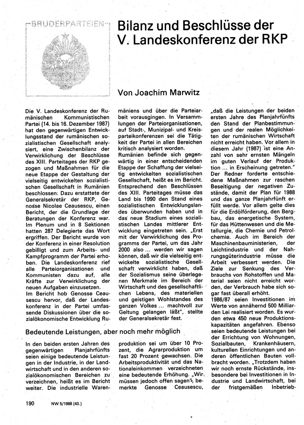 Neuer Weg (NW), Organ des Zentralkomitees (ZK) der SED (Sozialistische Einheitspartei Deutschlands) für Fragen des Parteilebens, 43. Jahrgang [Deutsche Demokratische Republik (DDR)] 1988, Seite 190 (NW ZK SED DDR 1988, S. 190)