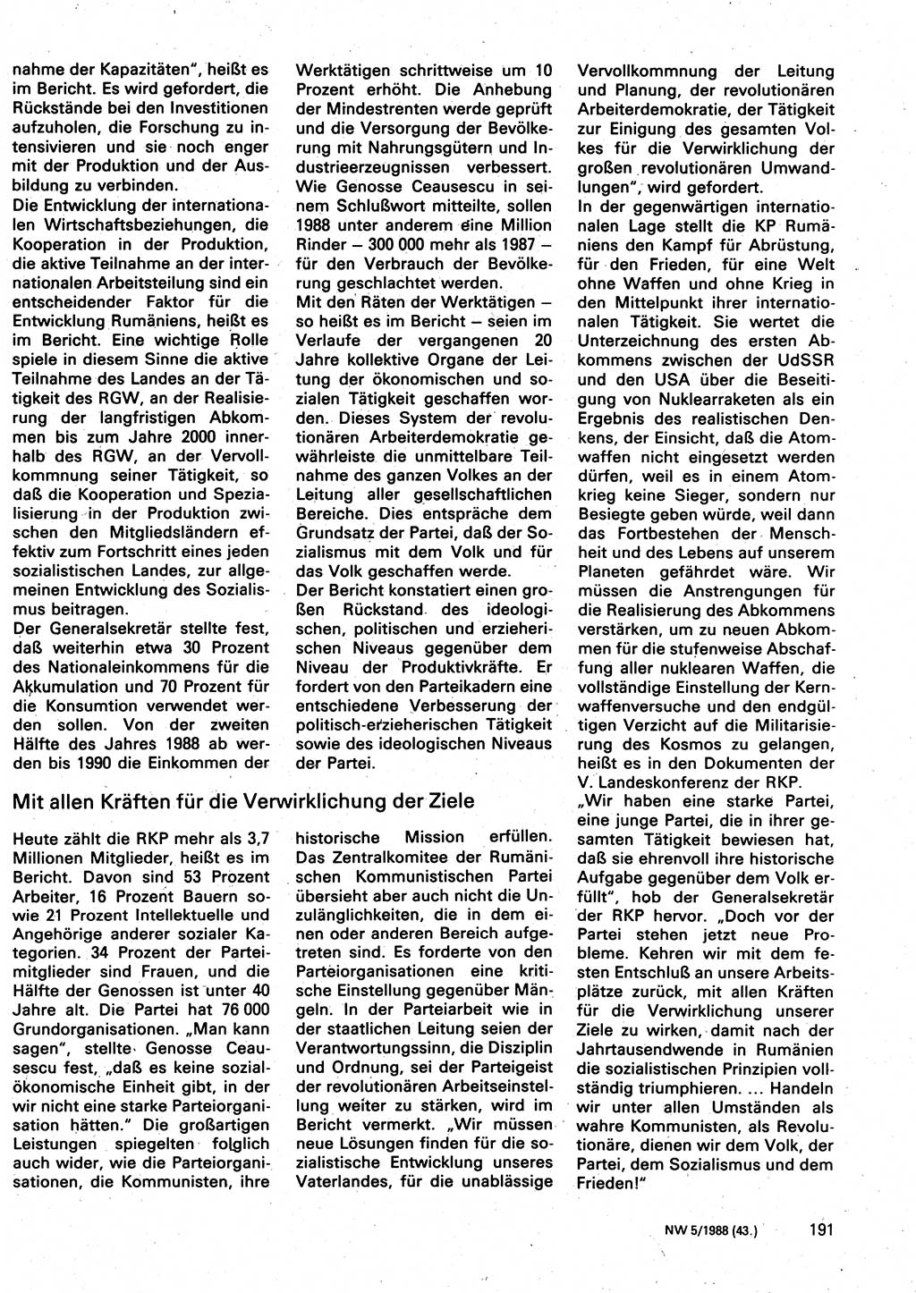 Neuer Weg (NW), Organ des Zentralkomitees (ZK) der SED (Sozialistische Einheitspartei Deutschlands) für Fragen des Parteilebens, 43. Jahrgang [Deutsche Demokratische Republik (DDR)] 1988, Seite 191 (NW ZK SED DDR 1988, S. 191)