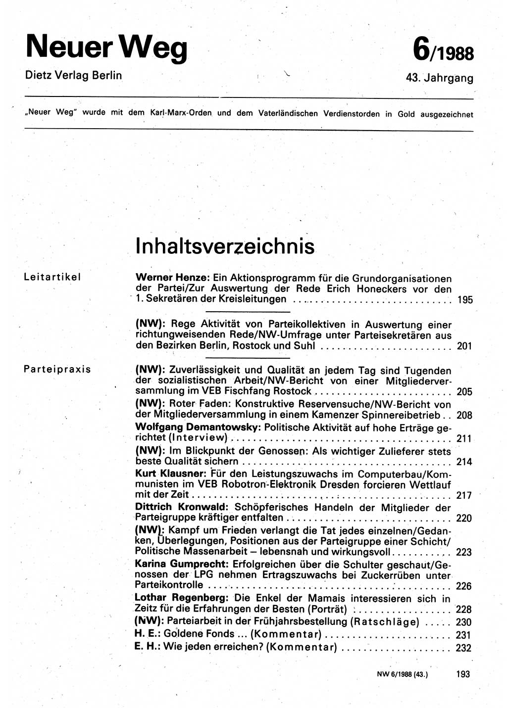 Neuer Weg (NW), Organ des Zentralkomitees (ZK) der SED (Sozialistische Einheitspartei Deutschlands) für Fragen des Parteilebens, 43. Jahrgang [Deutsche Demokratische Republik (DDR)] 1988, Seite 193 (NW ZK SED DDR 1988, S. 193)