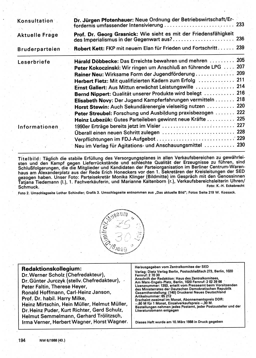 Neuer Weg (NW), Organ des Zentralkomitees (ZK) der SED (Sozialistische Einheitspartei Deutschlands) für Fragen des Parteilebens, 43. Jahrgang [Deutsche Demokratische Republik (DDR)] 1988, Seite 194 (NW ZK SED DDR 1988, S. 194)