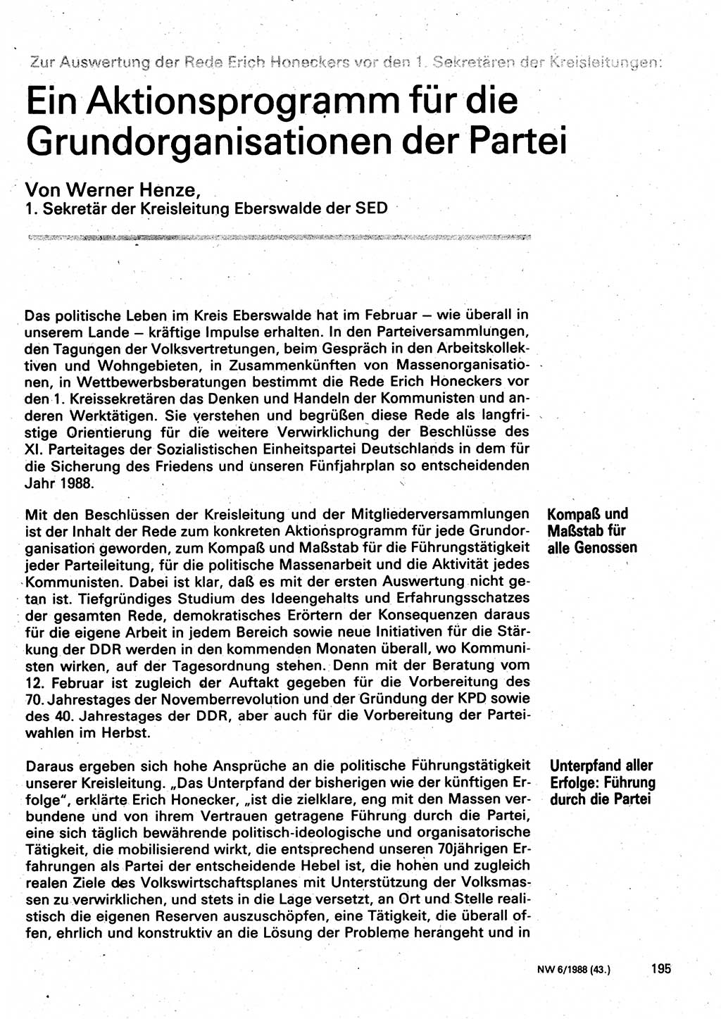 Neuer Weg (NW), Organ des Zentralkomitees (ZK) der SED (Sozialistische Einheitspartei Deutschlands) für Fragen des Parteilebens, 43. Jahrgang [Deutsche Demokratische Republik (DDR)] 1988, Seite 195 (NW ZK SED DDR 1988, S. 195)