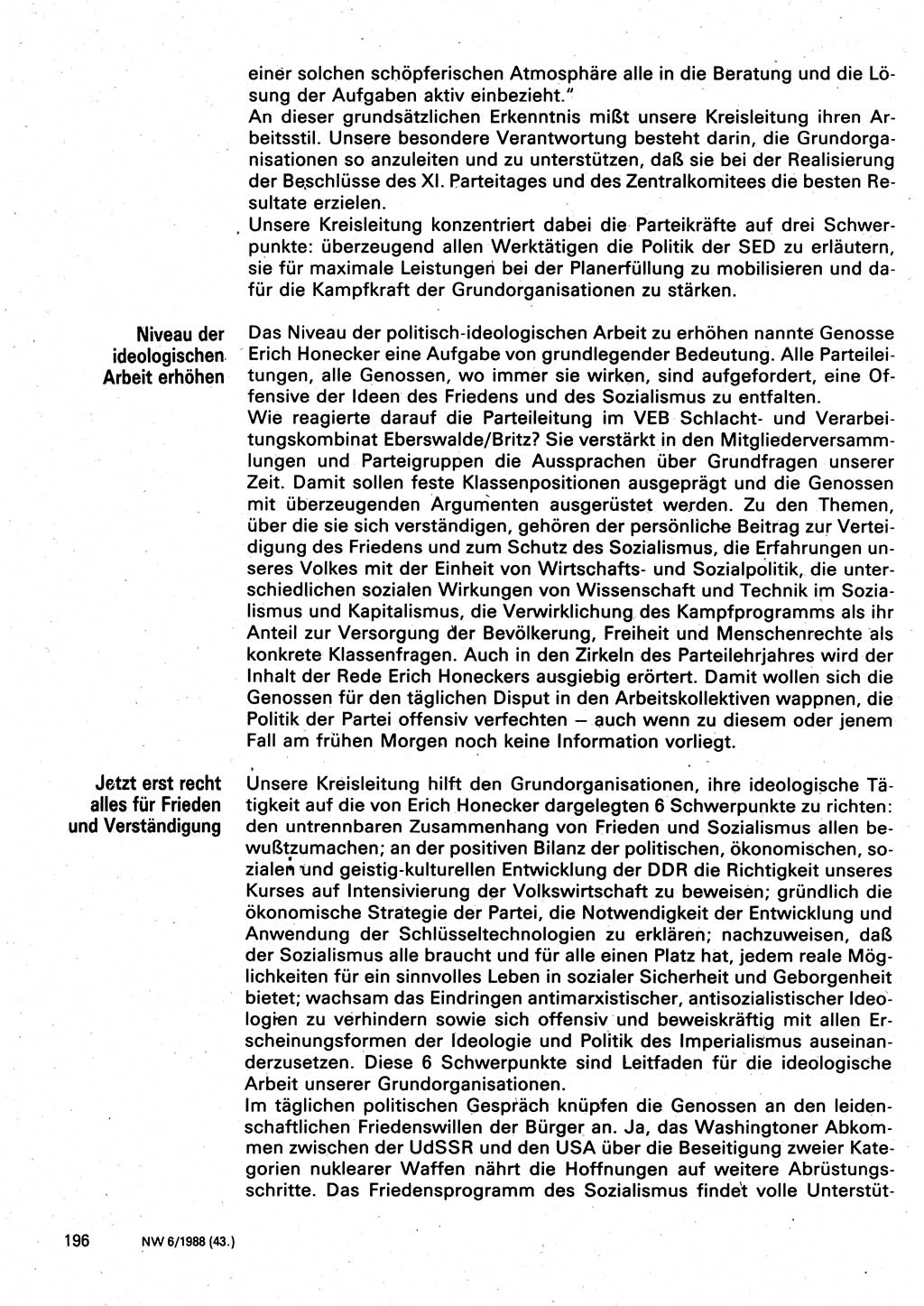 Neuer Weg (NW), Organ des Zentralkomitees (ZK) der SED (Sozialistische Einheitspartei Deutschlands) für Fragen des Parteilebens, 43. Jahrgang [Deutsche Demokratische Republik (DDR)] 1988, Seite 196 (NW ZK SED DDR 1988, S. 196)