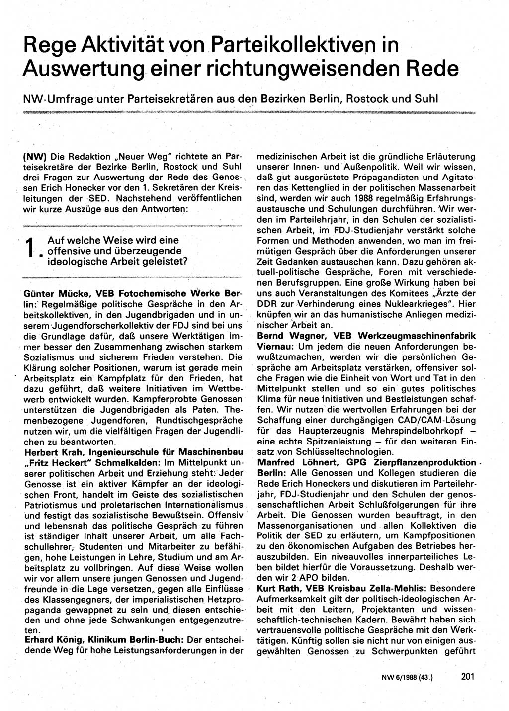 Neuer Weg (NW), Organ des Zentralkomitees (ZK) der SED (Sozialistische Einheitspartei Deutschlands) für Fragen des Parteilebens, 43. Jahrgang [Deutsche Demokratische Republik (DDR)] 1988, Seite 201 (NW ZK SED DDR 1988, S. 201)