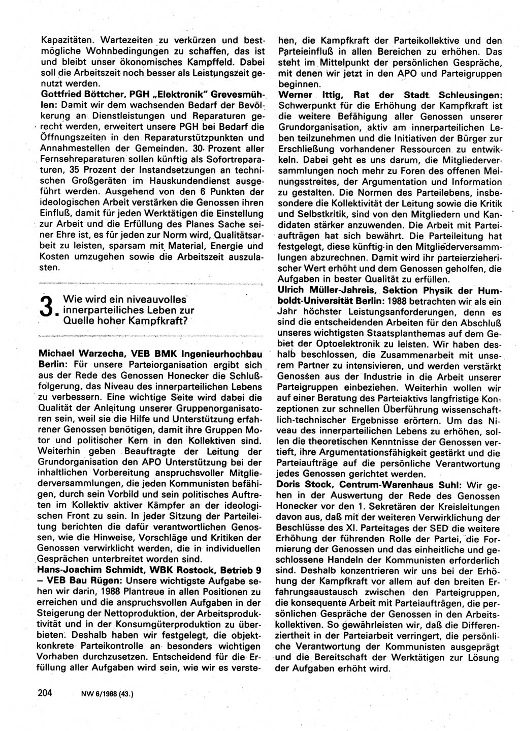 Neuer Weg (NW), Organ des Zentralkomitees (ZK) der SED (Sozialistische Einheitspartei Deutschlands) für Fragen des Parteilebens, 43. Jahrgang [Deutsche Demokratische Republik (DDR)] 1988, Seite 204 (NW ZK SED DDR 1988, S. 204)