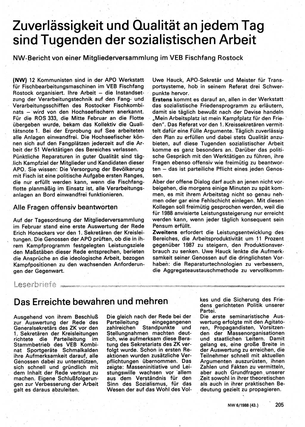 Neuer Weg (NW), Organ des Zentralkomitees (ZK) der SED (Sozialistische Einheitspartei Deutschlands) für Fragen des Parteilebens, 43. Jahrgang [Deutsche Demokratische Republik (DDR)] 1988, Seite 205 (NW ZK SED DDR 1988, S. 205)