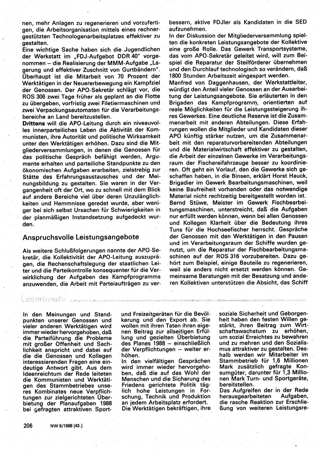 Neuer Weg (NW), Organ des Zentralkomitees (ZK) der SED (Sozialistische Einheitspartei Deutschlands) für Fragen des Parteilebens, 43. Jahrgang [Deutsche Demokratische Republik (DDR)] 1988, Seite 206 (NW ZK SED DDR 1988, S. 206)