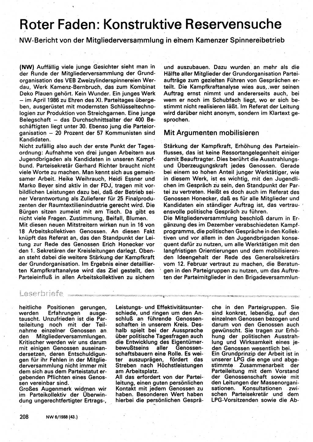Neuer Weg (NW), Organ des Zentralkomitees (ZK) der SED (Sozialistische Einheitspartei Deutschlands) für Fragen des Parteilebens, 43. Jahrgang [Deutsche Demokratische Republik (DDR)] 1988, Seite 208 (NW ZK SED DDR 1988, S. 208)