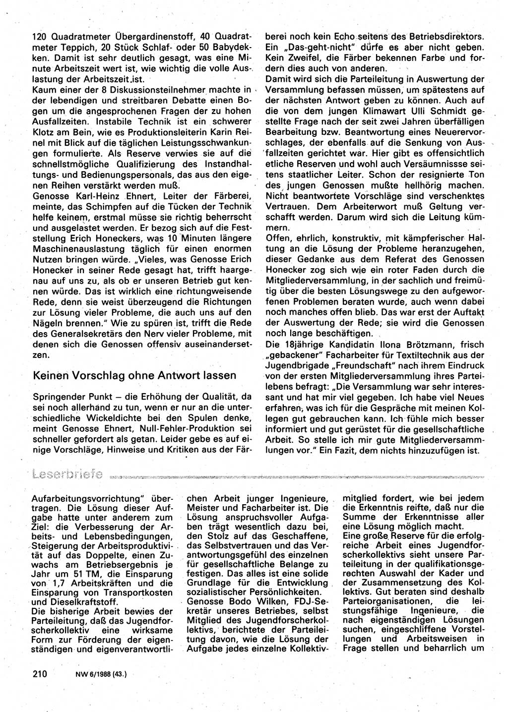 Neuer Weg (NW), Organ des Zentralkomitees (ZK) der SED (Sozialistische Einheitspartei Deutschlands) für Fragen des Parteilebens, 43. Jahrgang [Deutsche Demokratische Republik (DDR)] 1988, Seite 210 (NW ZK SED DDR 1988, S. 210)