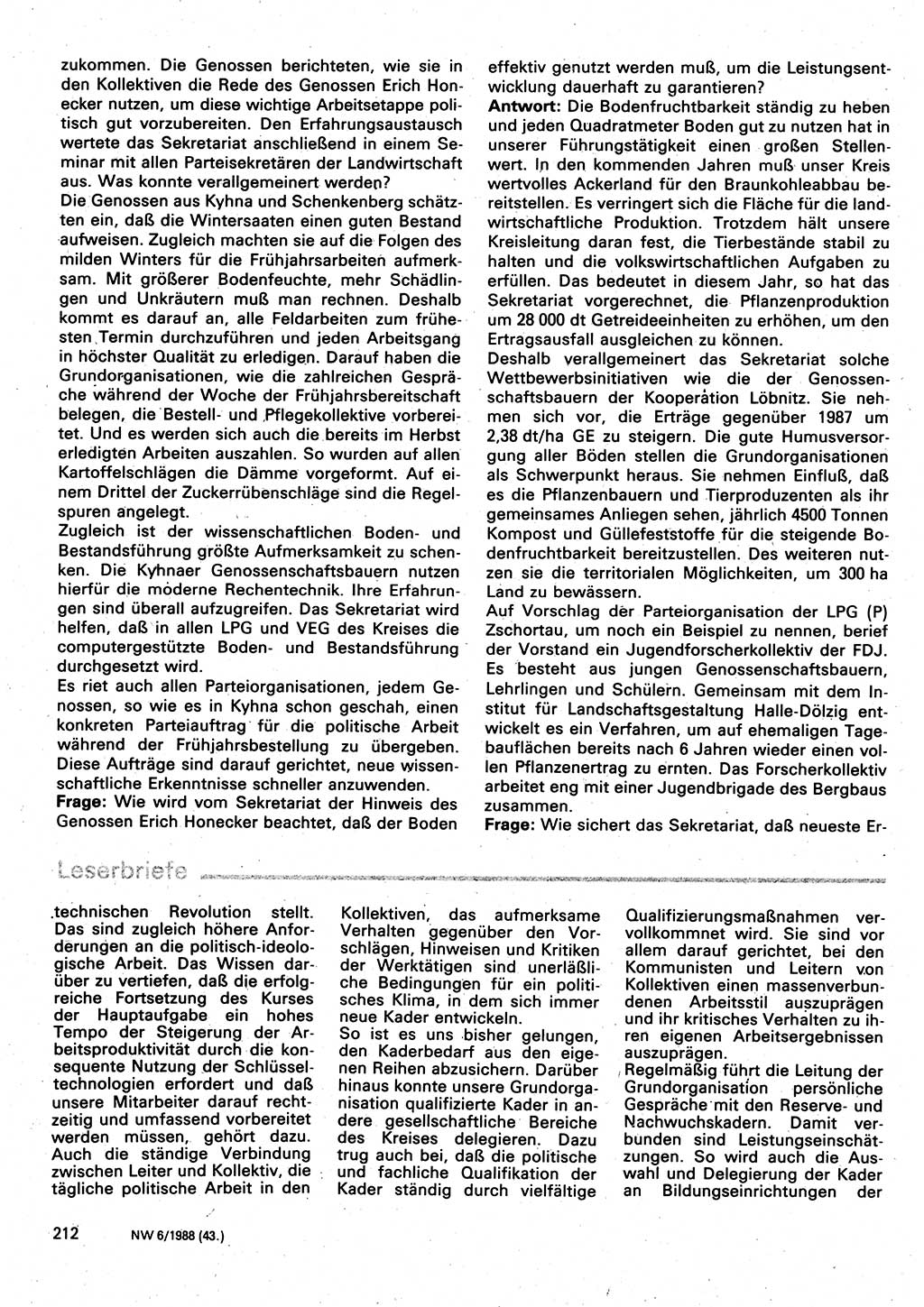 Neuer Weg (NW), Organ des Zentralkomitees (ZK) der SED (Sozialistische Einheitspartei Deutschlands) für Fragen des Parteilebens, 43. Jahrgang [Deutsche Demokratische Republik (DDR)] 1988, Seite 212 (NW ZK SED DDR 1988, S. 212)