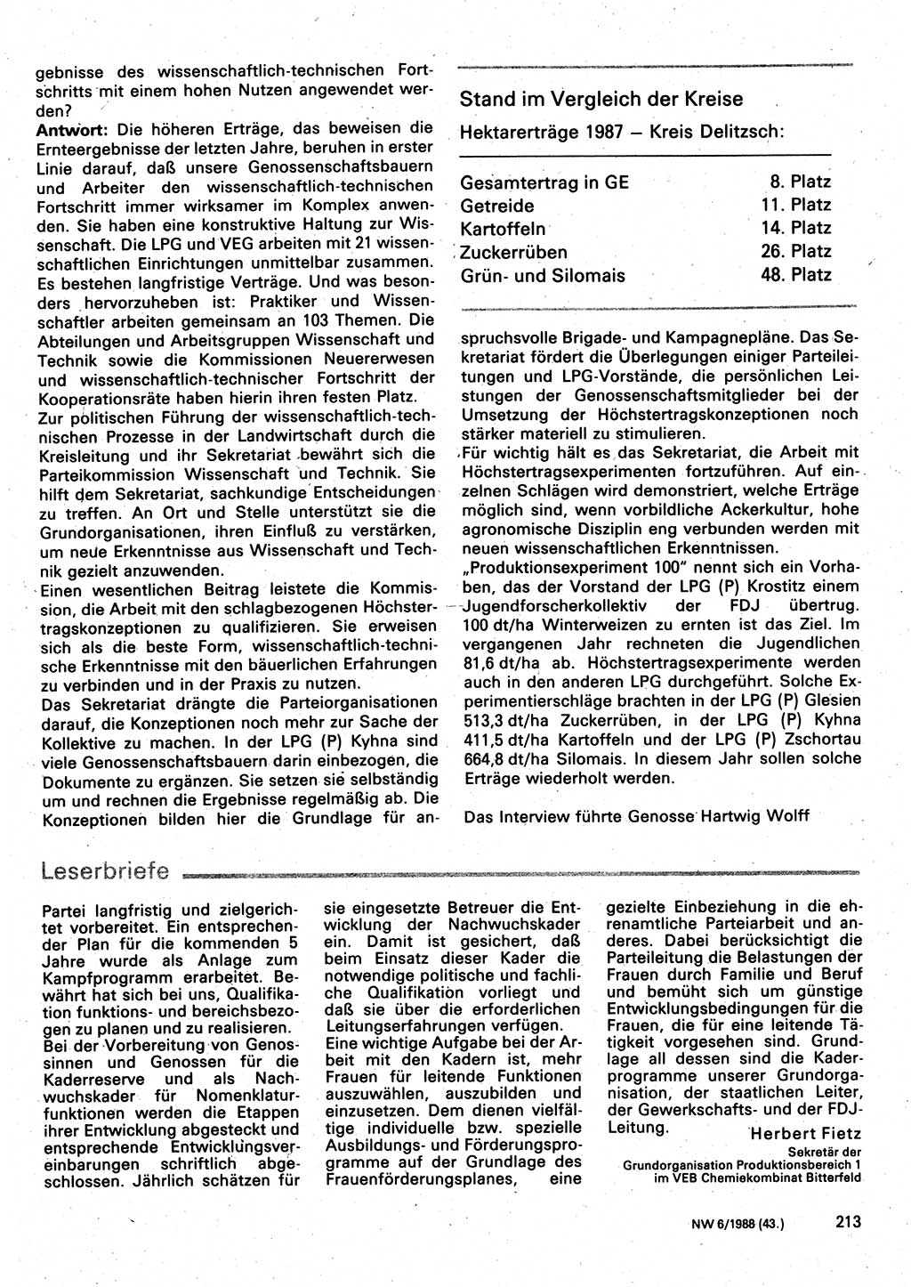 Neuer Weg (NW), Organ des Zentralkomitees (ZK) der SED (Sozialistische Einheitspartei Deutschlands) für Fragen des Parteilebens, 43. Jahrgang [Deutsche Demokratische Republik (DDR)] 1988, Seite 213 (NW ZK SED DDR 1988, S. 213)