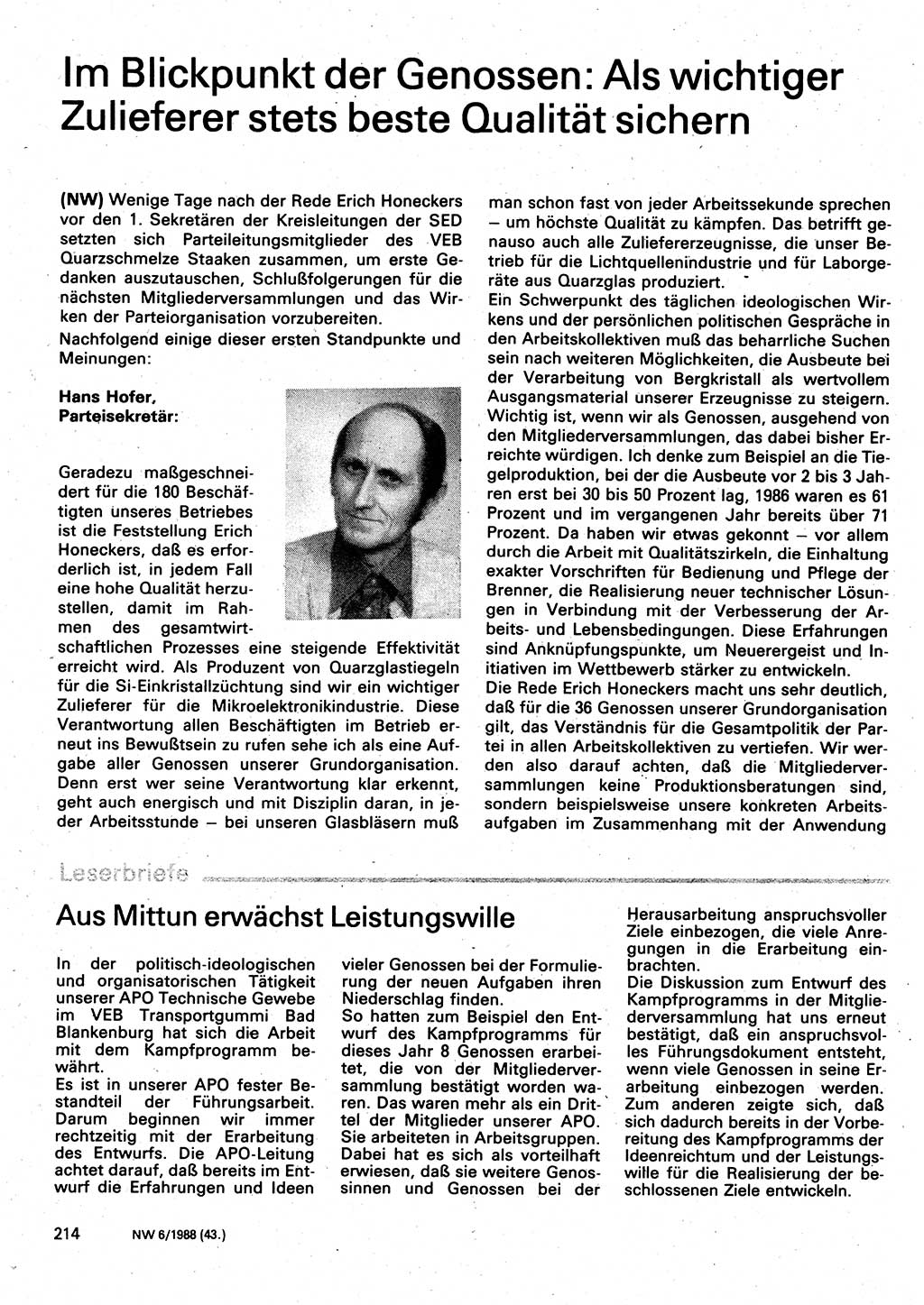 Neuer Weg (NW), Organ des Zentralkomitees (ZK) der SED (Sozialistische Einheitspartei Deutschlands) für Fragen des Parteilebens, 43. Jahrgang [Deutsche Demokratische Republik (DDR)] 1988, Seite 214 (NW ZK SED DDR 1988, S. 214)