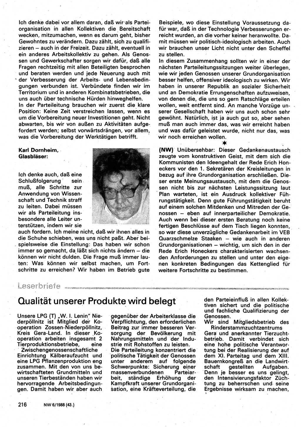 Neuer Weg (NW), Organ des Zentralkomitees (ZK) der SED (Sozialistische Einheitspartei Deutschlands) für Fragen des Parteilebens, 43. Jahrgang [Deutsche Demokratische Republik (DDR)] 1988, Seite 216 (NW ZK SED DDR 1988, S. 216)