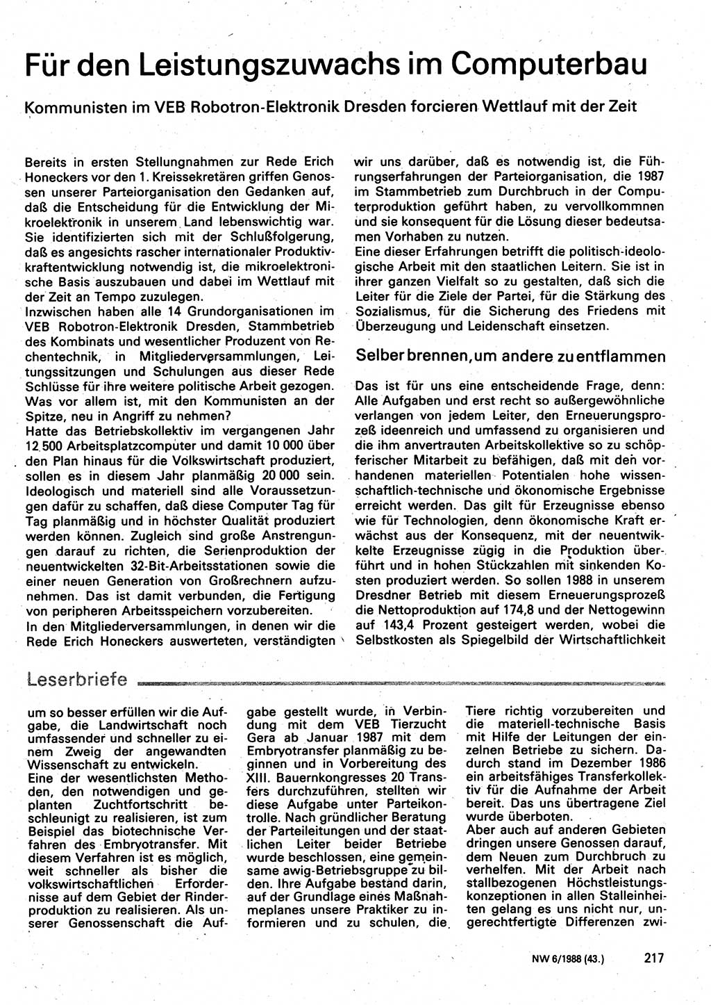 Neuer Weg (NW), Organ des Zentralkomitees (ZK) der SED (Sozialistische Einheitspartei Deutschlands) für Fragen des Parteilebens, 43. Jahrgang [Deutsche Demokratische Republik (DDR)] 1988, Seite 217 (NW ZK SED DDR 1988, S. 217)