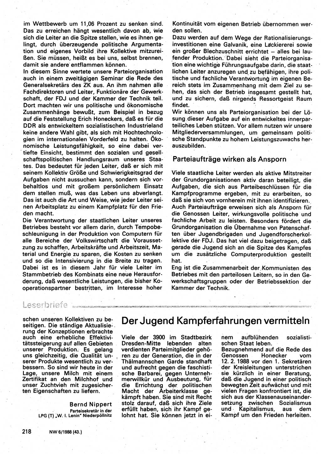 Neuer Weg (NW), Organ des Zentralkomitees (ZK) der SED (Sozialistische Einheitspartei Deutschlands) für Fragen des Parteilebens, 43. Jahrgang [Deutsche Demokratische Republik (DDR)] 1988, Seite 218 (NW ZK SED DDR 1988, S. 218)