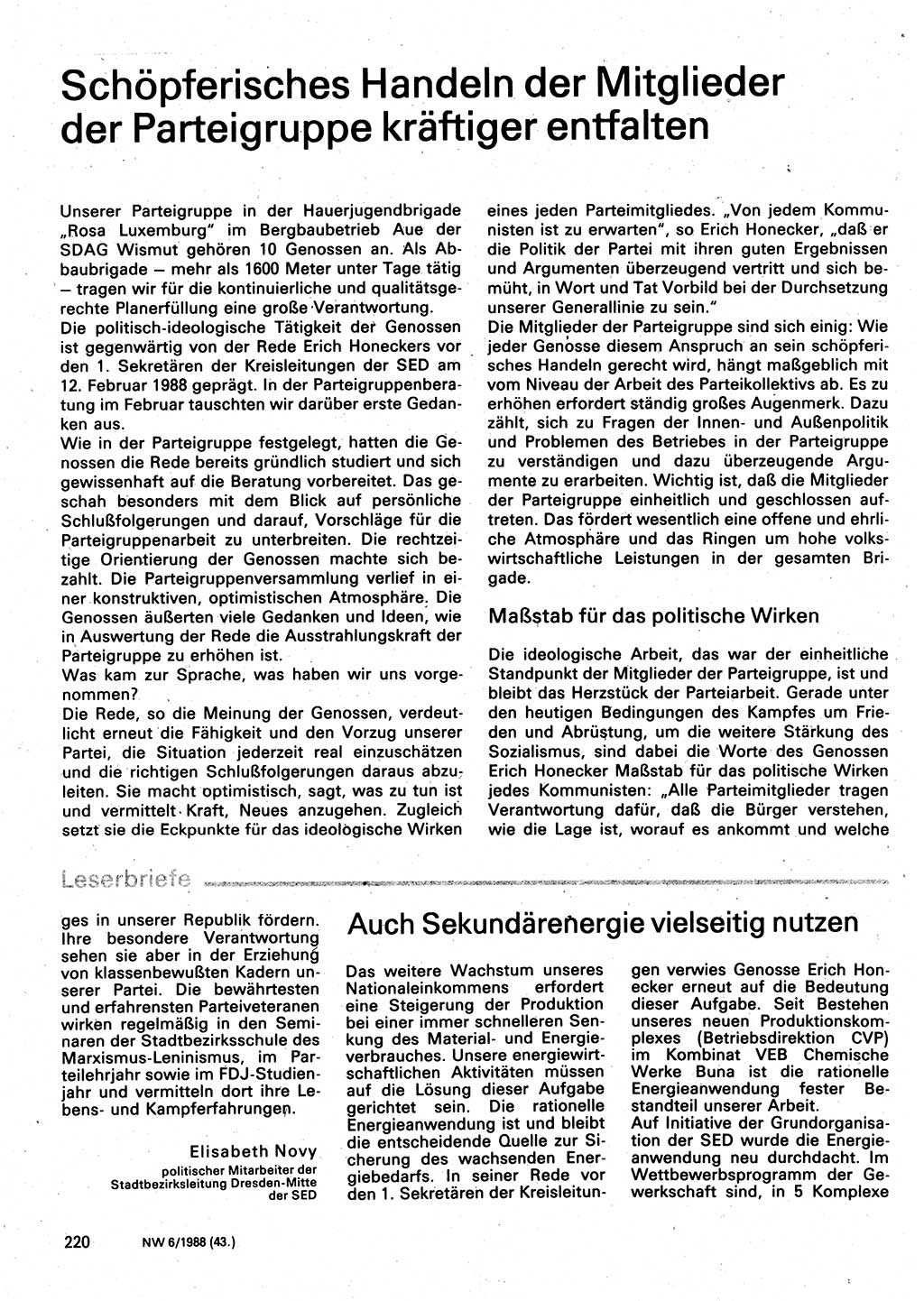 Neuer Weg (NW), Organ des Zentralkomitees (ZK) der SED (Sozialistische Einheitspartei Deutschlands) für Fragen des Parteilebens, 43. Jahrgang [Deutsche Demokratische Republik (DDR)] 1988, Seite 220 (NW ZK SED DDR 1988, S. 220)