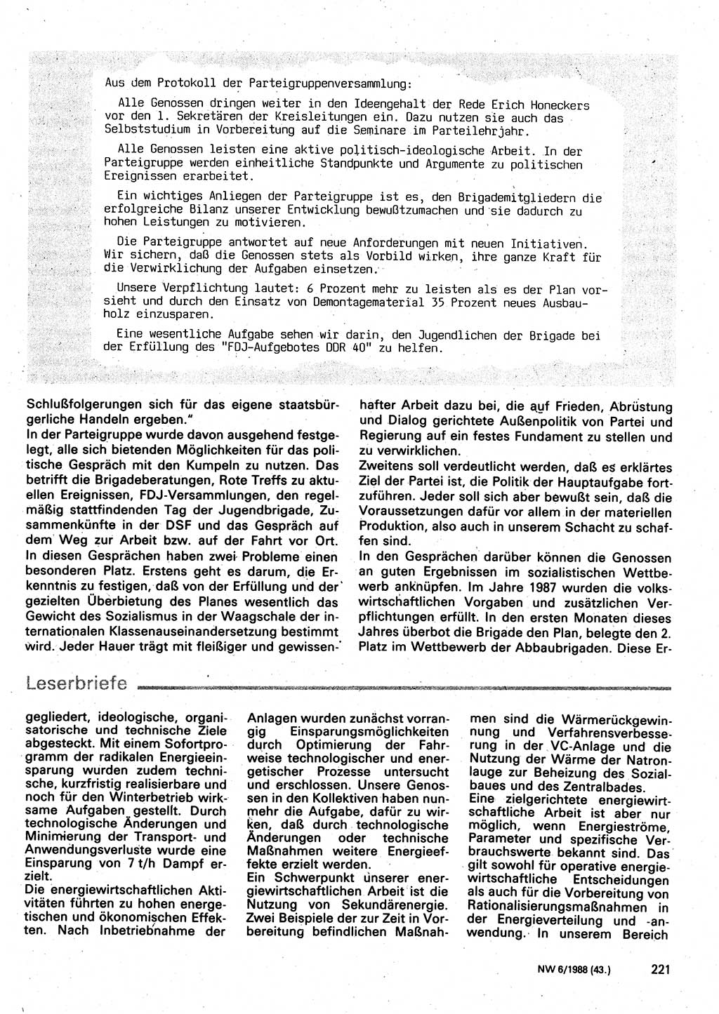 Neuer Weg (NW), Organ des Zentralkomitees (ZK) der SED (Sozialistische Einheitspartei Deutschlands) für Fragen des Parteilebens, 43. Jahrgang [Deutsche Demokratische Republik (DDR)] 1988, Seite 221 (NW ZK SED DDR 1988, S. 221)