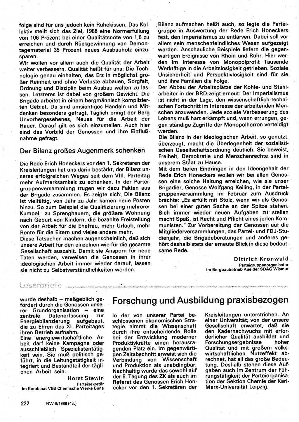 Neuer Weg (NW), Organ des Zentralkomitees (ZK) der SED (Sozialistische Einheitspartei Deutschlands) für Fragen des Parteilebens, 43. Jahrgang [Deutsche Demokratische Republik (DDR)] 1988, Seite 222 (NW ZK SED DDR 1988, S. 222)