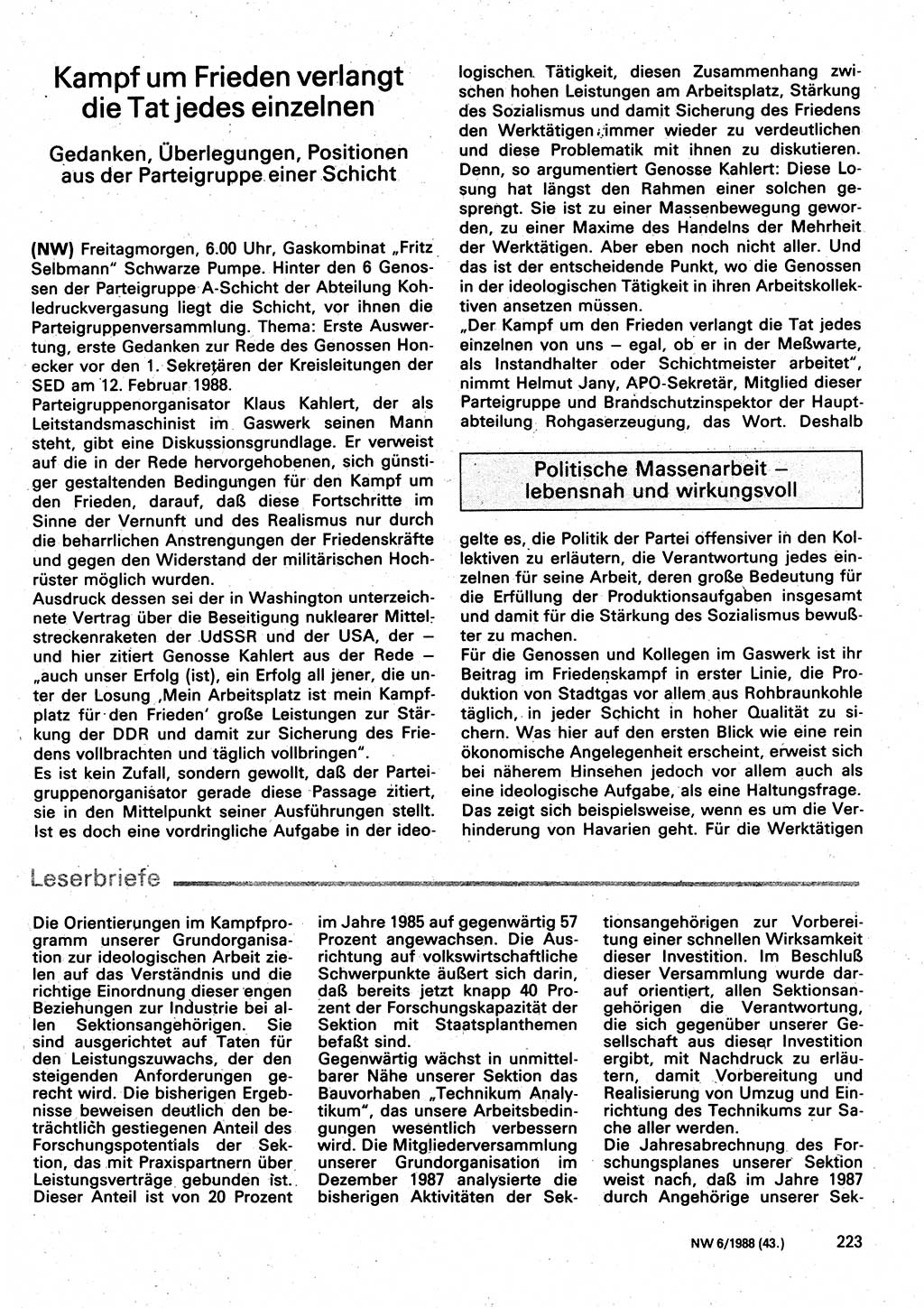 Neuer Weg (NW), Organ des Zentralkomitees (ZK) der SED (Sozialistische Einheitspartei Deutschlands) für Fragen des Parteilebens, 43. Jahrgang [Deutsche Demokratische Republik (DDR)] 1988, Seite 223 (NW ZK SED DDR 1988, S. 223)